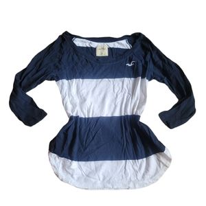 Hollister Womens Blue White Chucky Striped 3/4 Sleeve Shirt Size M